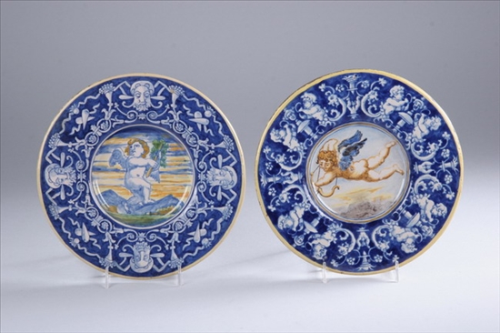 Appraisal: TWO ITALIAN MAIOLICA PLATES th century Each with cobalt border