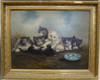 Appraisal: th th Century oil on board with six kittens and