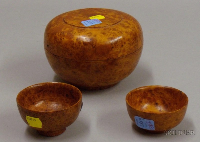 Appraisal: Three Tibetan Burlwood Items a covered bowl and two cups