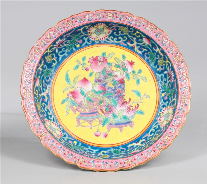 Appraisal: Chinese enameled porcelain dish depicting peaches Buddha's hand and vases