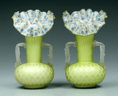 Appraisal: Pair decorated mother-of-pearl vases yellow green diamond quilted thorn handles