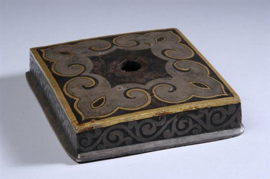 Appraisal: TIBETAN SILVER AND GOLD INLAID IRON STAND th century -