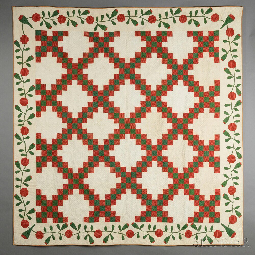 Appraisal: Pieced and Appliqued Cotton Irish Chain Quilt America late th