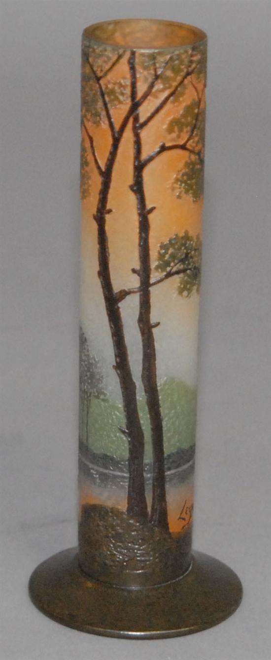 Appraisal: LEGRAS CAMEO BUD VASE Depicting a river landscape Signed H