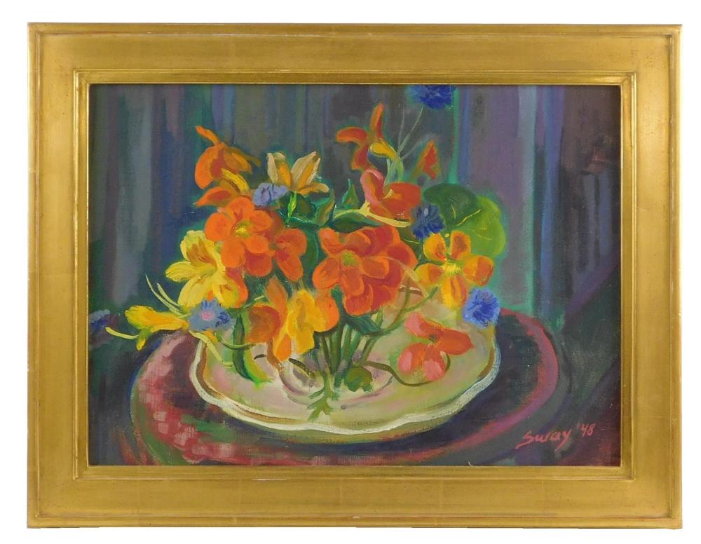 Appraisal: Sway oil on canvas board still life of a vibrant