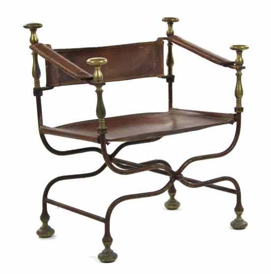 Appraisal: A Leather Wrought Iron and Brass Savonarola Armchair likely Spanish