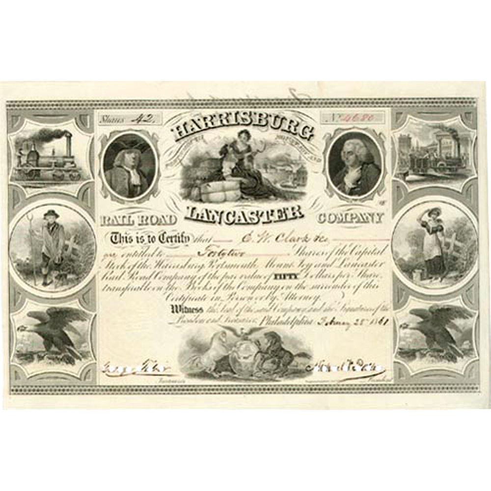 Appraisal: Harrisburg Lancaster Railroad Stock Penn with Ten Great Vignettes Stocks