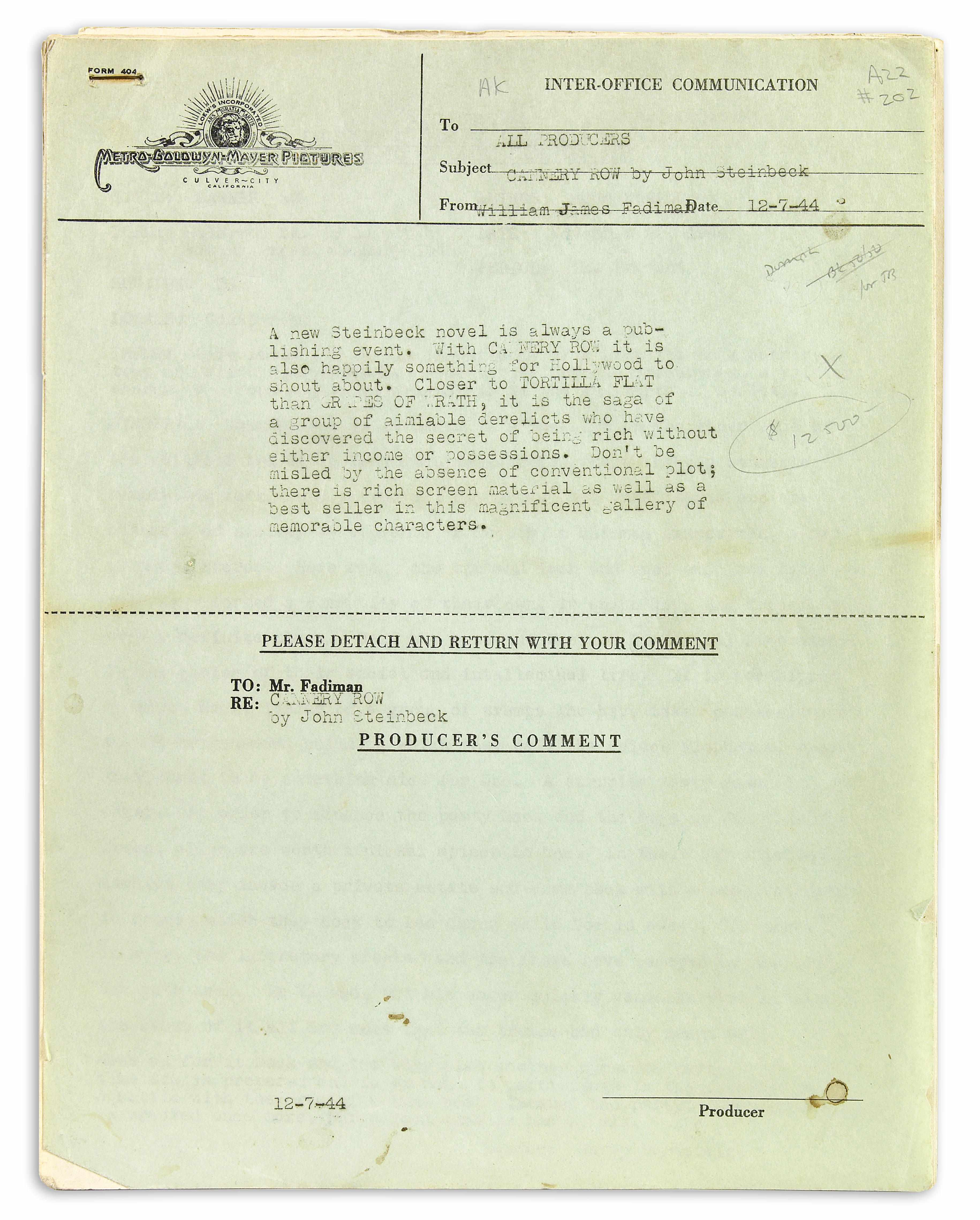 Appraisal: STEINBECK JOHN - Mimeographed Manuscript pp to Culver City December