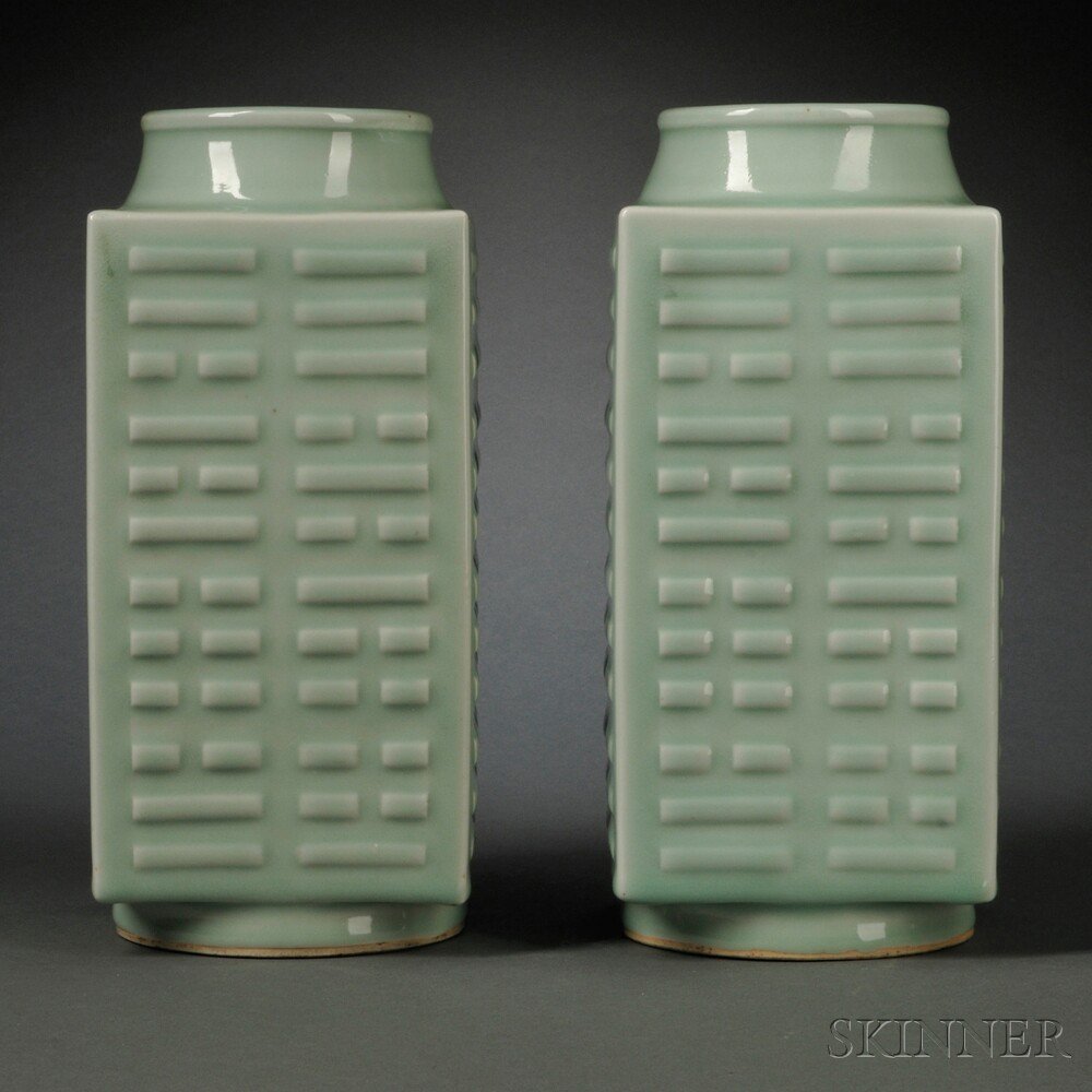 Appraisal: Pair of Celadon Vases China th century archaic cong form