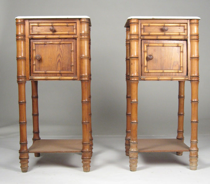 Appraisal: Pair of pine faux bamboo side tables Each with a