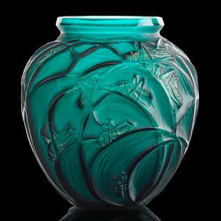 Appraisal: LALIQUE Sauterelles vase green glass LALIQUE Sauterelles vase France des