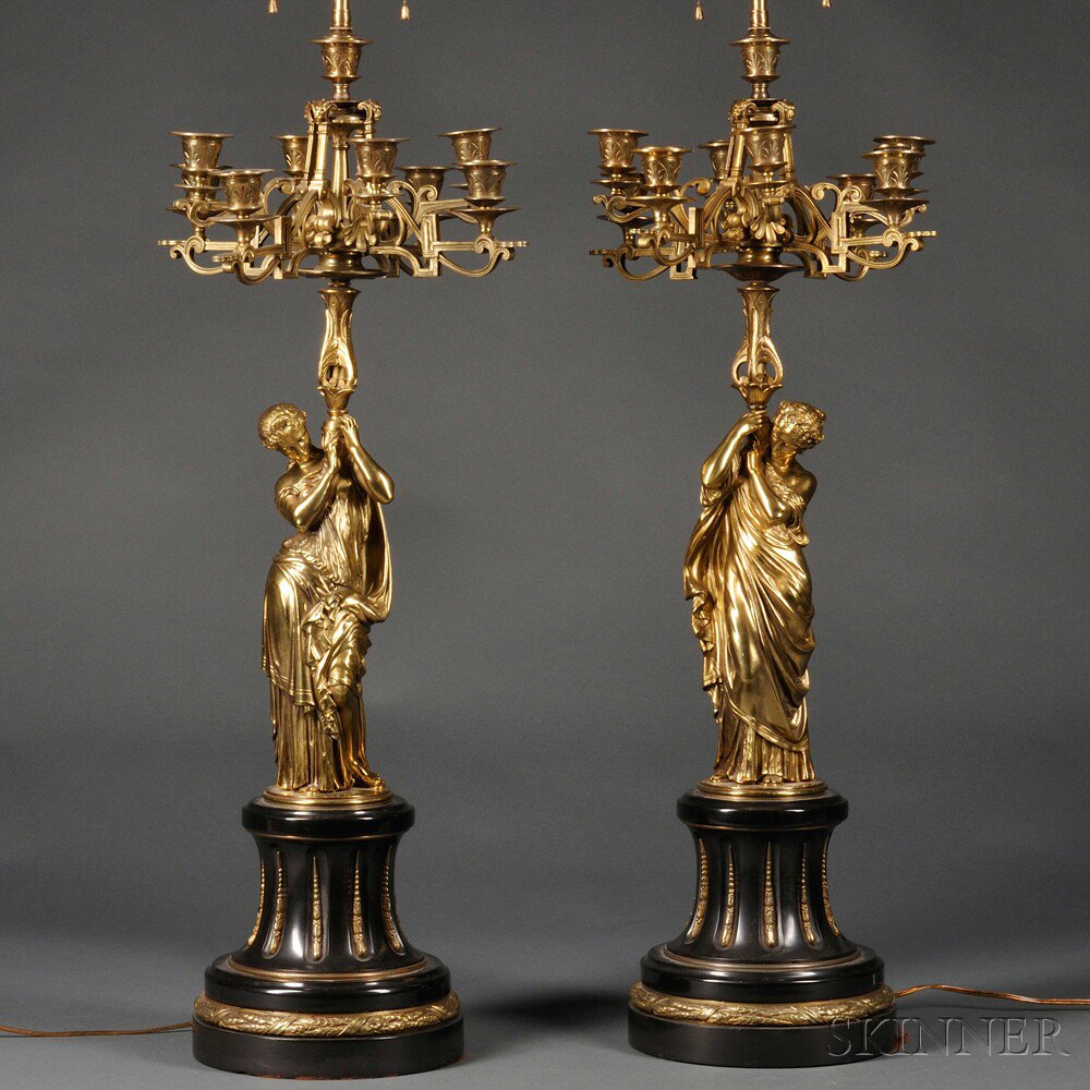 Appraisal: Pair of Gilt-bronze Figural Lamps France late th early th