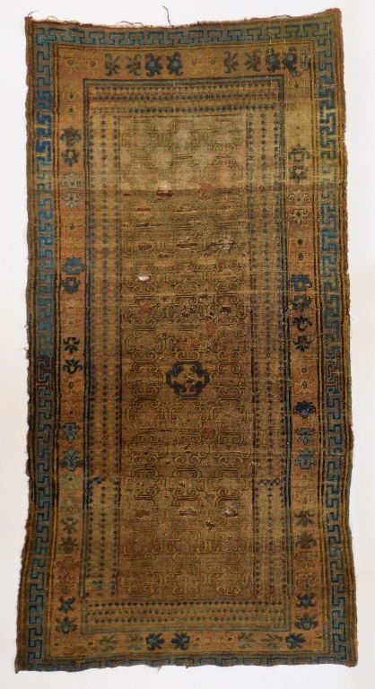 Appraisal: C EAST TURKESTAN BLUE TAN GEOMETRIC CARPET RUG Turkestan th