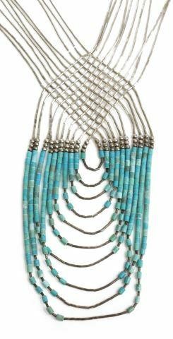 Appraisal: Native American pulled liquid silver necklace ten strands woven diamond