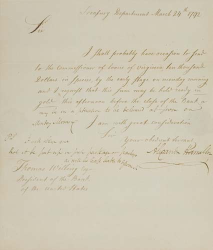 Appraisal: HAMILTON ALEXANDER Letter Signed as Secretary of the Treasury to