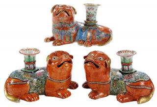 Appraisal: Pair Chinese Export Fu Dog Candlesticks with Another th century