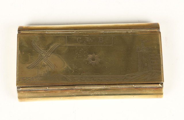 Appraisal: AN TH CENTURY BRASS TOBACCO BOX with engraved castle and