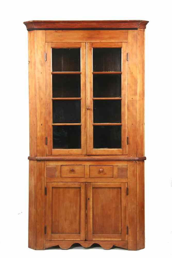 Appraisal: TWO-PART CORNER CUPBOARD - Solid Cherry Country Chippendale Two Door