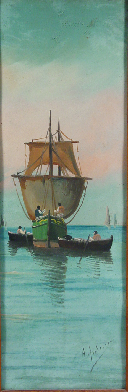 Appraisal: Pair of tall oil paintings of shipping scenes indistinctly signed