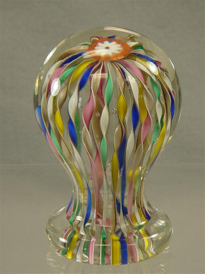 Appraisal: Blown glass mushroom style paperweight with multi-color ribbon design high