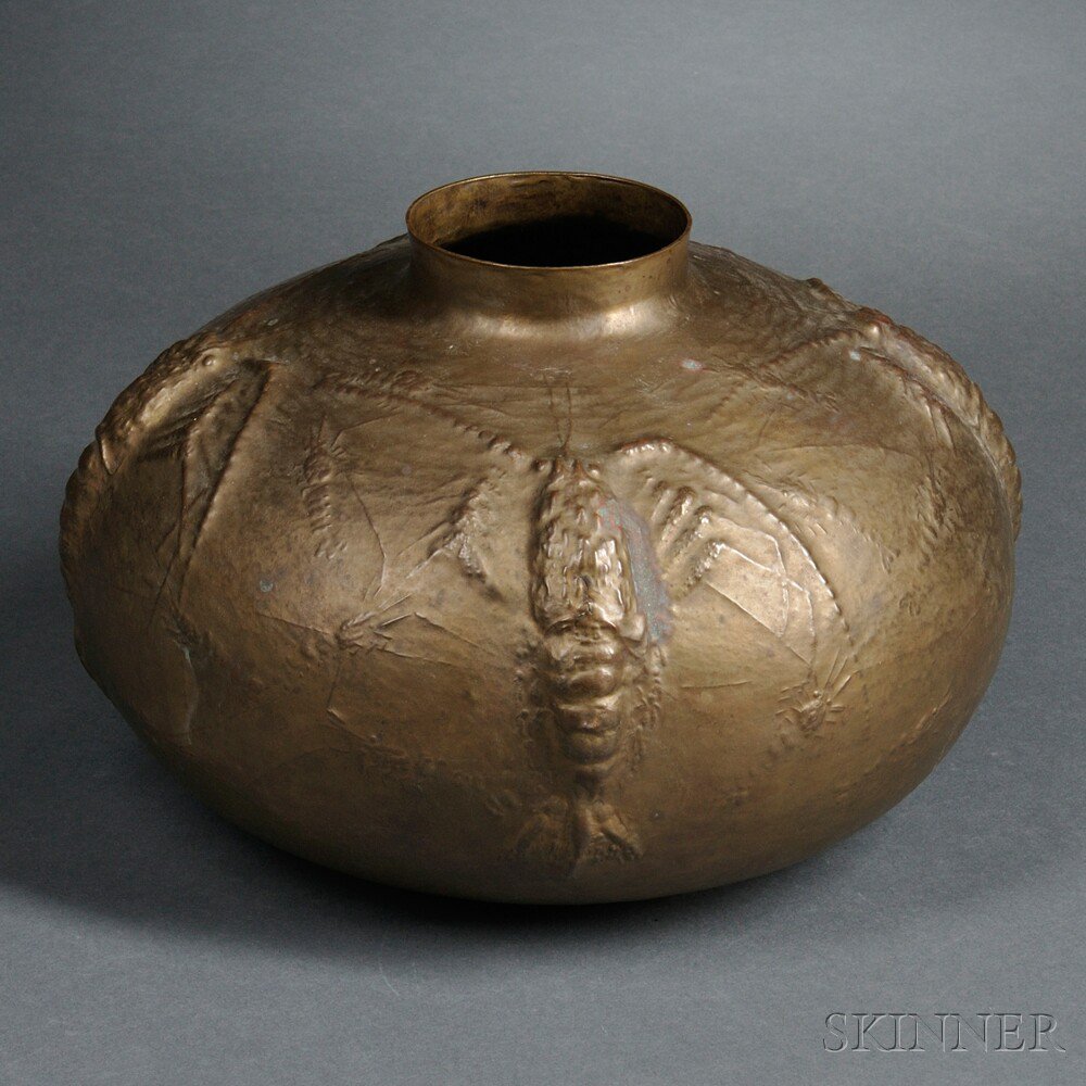 Appraisal: Hammered Brass Jar Japan ovoid form with repousse decoration depicting