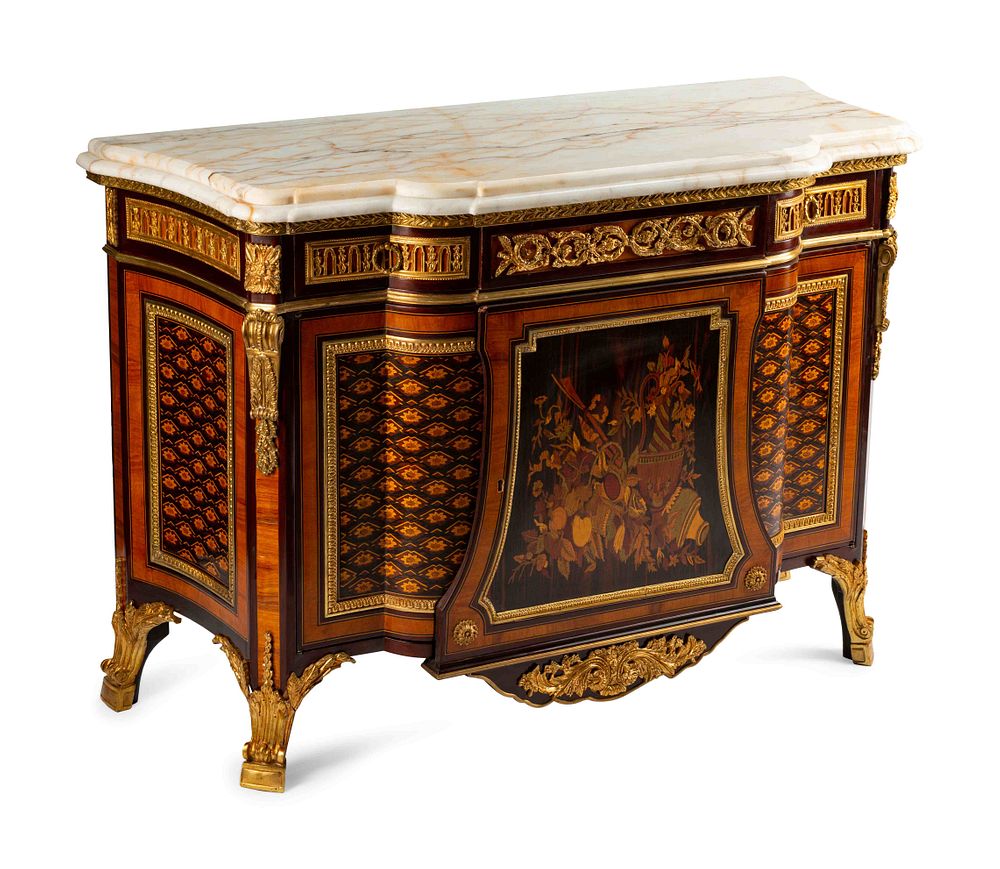 Appraisal: A Louis XVI Style Gilt Bronze Mounted Marquetry Marble-Top Cabinet