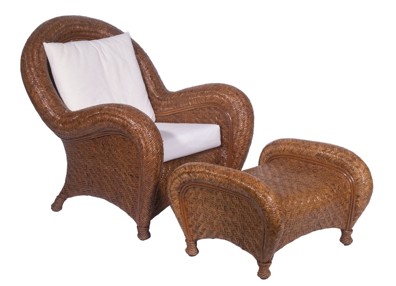 Appraisal: RATTAN INTERIOR ARMCHAIR WITH OTTOMAN IVORY CUSHIONS Pottery Barn in