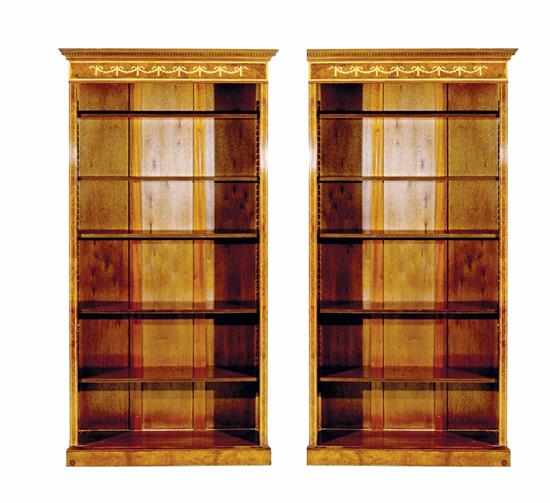 Appraisal: Pair Georgian style inlaid mahogany and walnut bookcases dentil-molded cornice