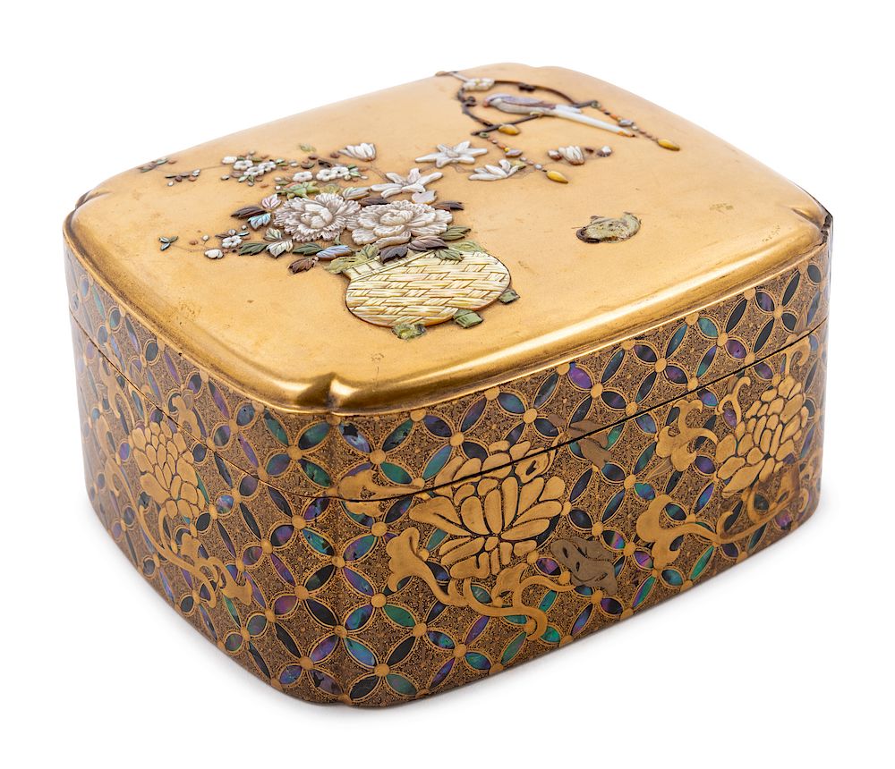 Appraisal: A Japanese Mother-of-Pearl Inlaid Gilt Lacquer Covered Box Length in