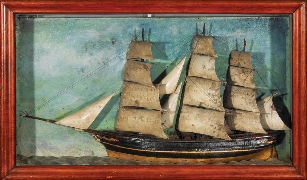 Appraisal: Antique American Ship Model Diorama late th c mahogany shadow