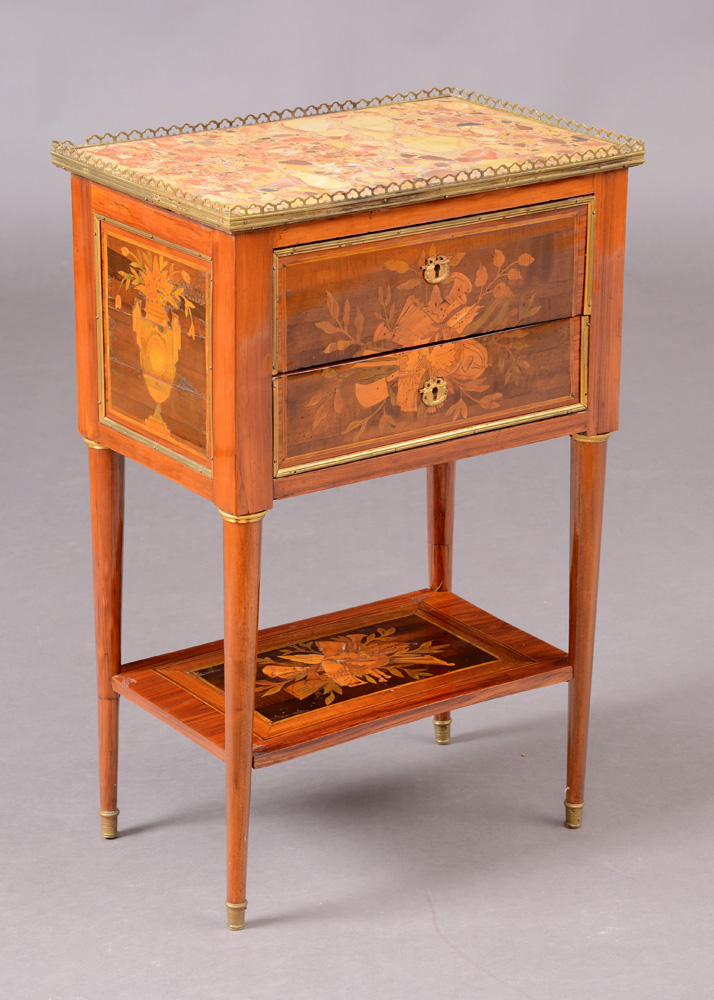 Appraisal: LOUIS XVI ORMOLU-MOUNTED KINGWOOD TULIPWOOD AND FRUITWOOD MARQUETRY TABLE CRIRE