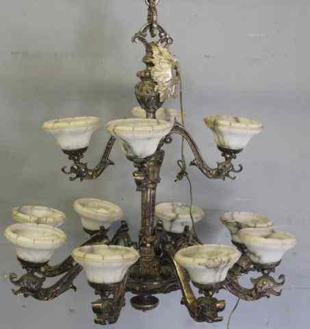 Appraisal: Antique Silverplated Bronze ChandelierWith original alabaster shades and stylized seahorses