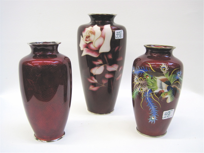 Appraisal: THREE JAPANESE PIGEON BLOOD CLOISONNE VASES the rose decoration H