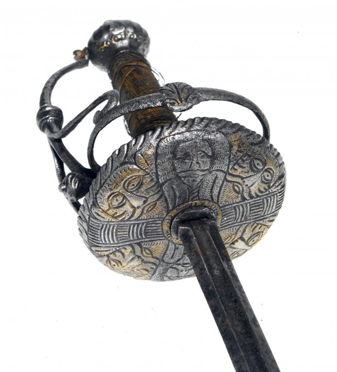 Appraisal: AN ENGLISH DISH-HILTED RAPIER the associated blade of hexagonal section