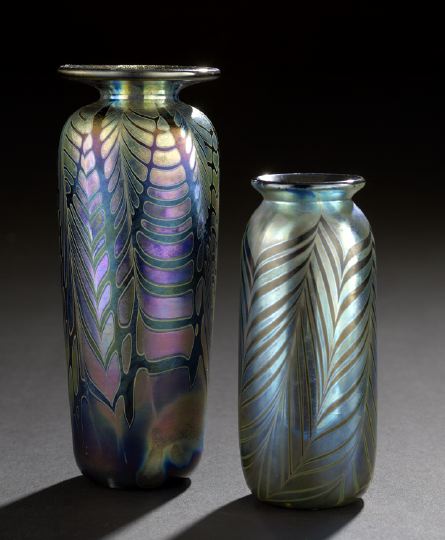 Appraisal: Two Charles Miner Iridized Studio Glass Cabinet Vases and New