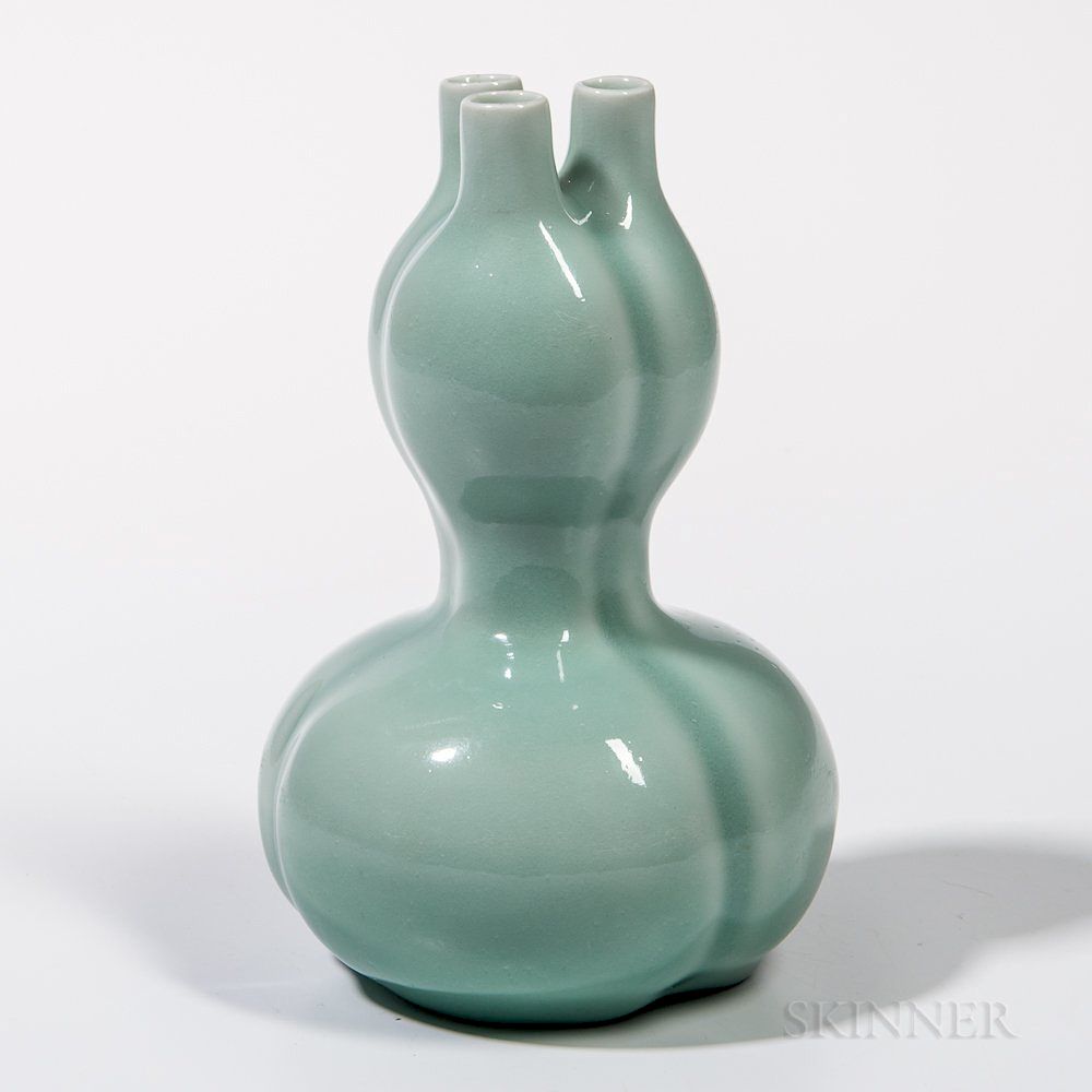 Appraisal: Celadon-glazed Three-lobed Conjoined Gourd Vase Celadon-glazed Three-lobed Conjoined Gourd Vase