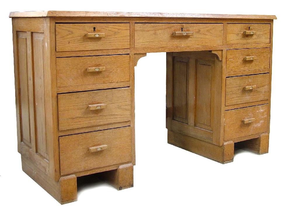 Appraisal: Art Deco oak pedestal desk with fielded side panels and