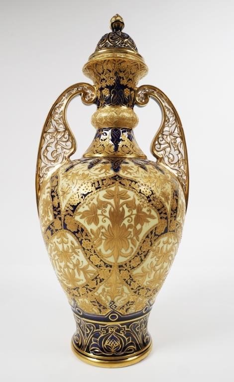 Appraisal: Gilt and cobalt floral design Double handled form with lid