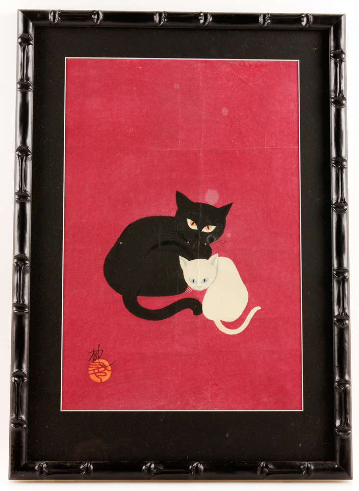 Appraisal: - th C Cats Woodblock th century cats woodblock print