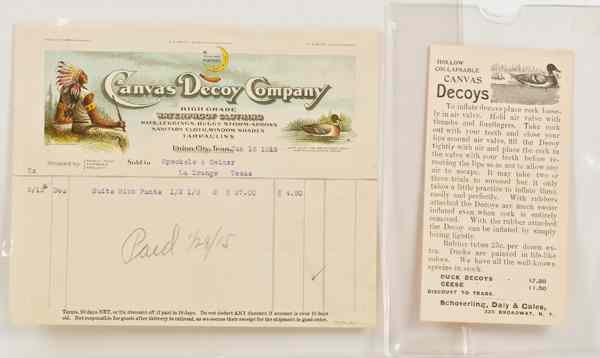 Appraisal: Canvas Duck Decoy Company Ephemera Includes color illustrated billhead from