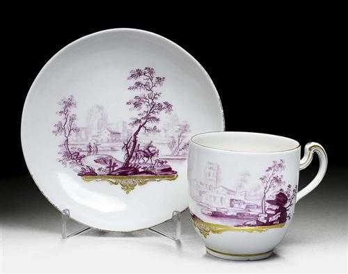 Appraisal: CUP AND SAUCER Tournai mid th century Painted in Purpur