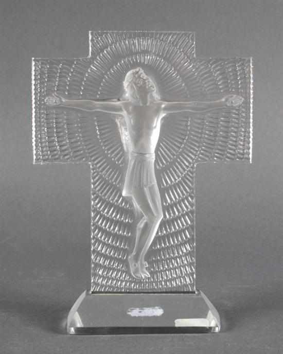 Appraisal: Lalique partial frosted glass crucifix stylized image of Christ on