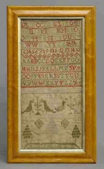 Appraisal: th c needlework sampler having verse birds name etc In