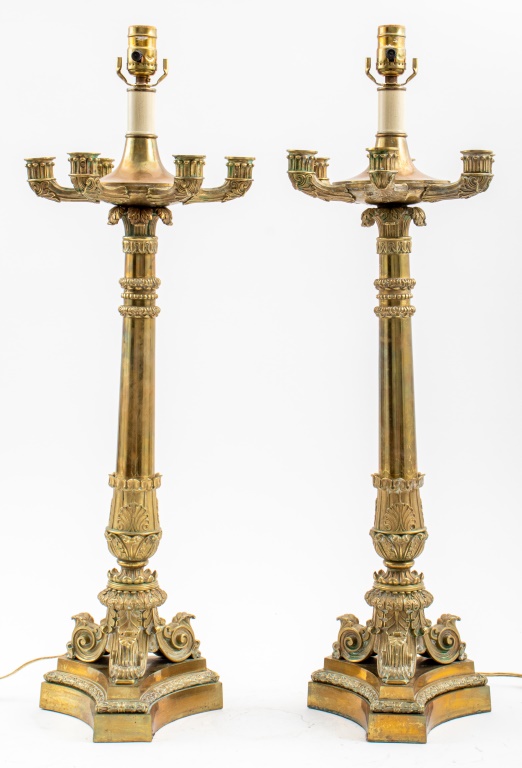 Appraisal: CHARLES X GILT BRASS CANDELABRA LAMPS PAIR Pair of French