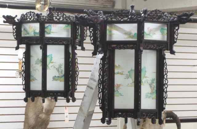 Appraisal: TWO CHINESE HANGING CANDLE LANTERNS both hexagonal shaped and having