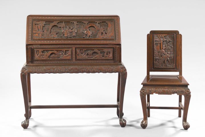 Appraisal: Oriental Carved Teakwood Slant-Lid Desk and Matching Chair early th