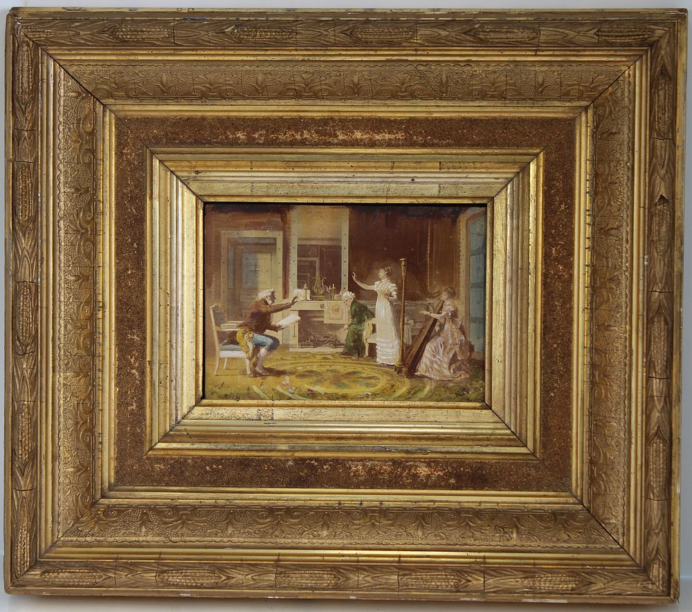 Appraisal: Antique Framed Interior Scene on Board Antique Framed Interior Scene