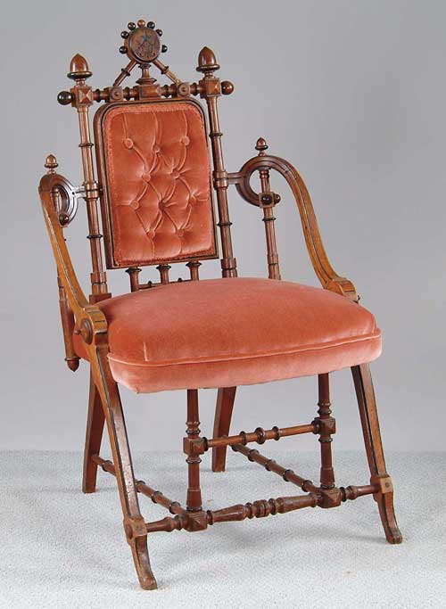 Appraisal: FANCY SIGNED GEORGE HUNZINGER WALNUT SIDE ARMCHAIR Newly upholstered in