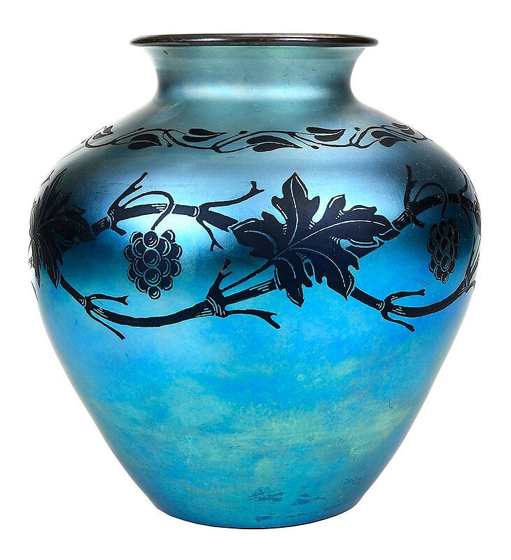 Appraisal: Aurene Blue Glass Grapevine Pattern Vase American th century probably