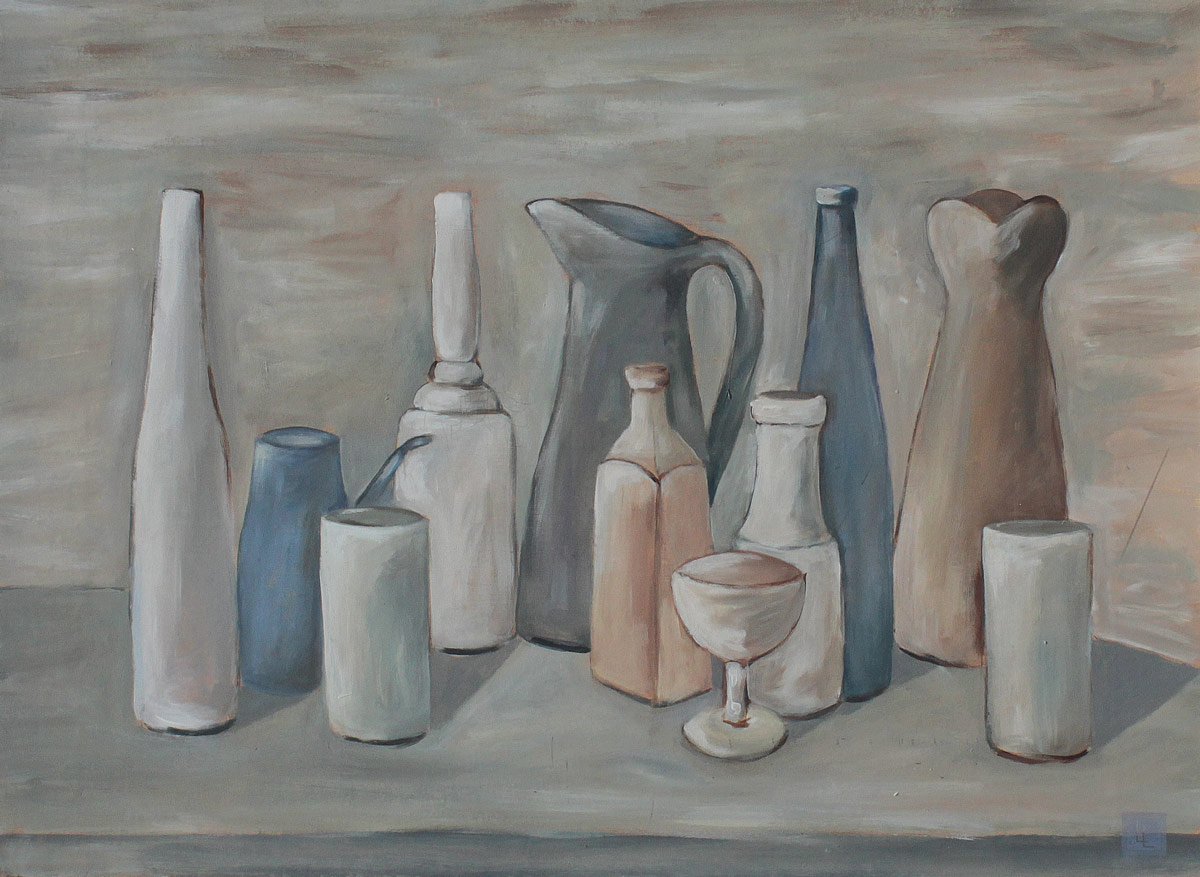 Appraisal: LARRY LASLO PAINTING AFTER MORANDI Still Life of Drinking Vessels